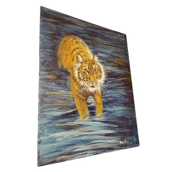Original Tiger Painting Wildlife Acrylic Canvas Wall Art Home Decor 10x8 - Picture 2 of 2